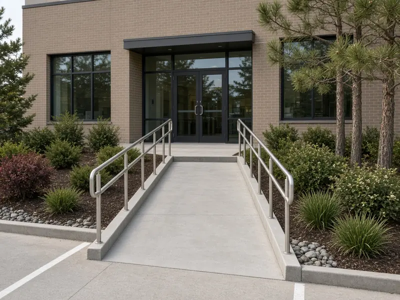 Sloped concrete accessible walkway with steel handrails on both sides leading from a parking area to the glass entry of an office building