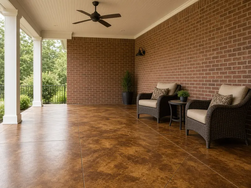 Acid-stained concrete floor in mottled brown and amber tones under a covered back porch with wicker chairs and a red brick wall