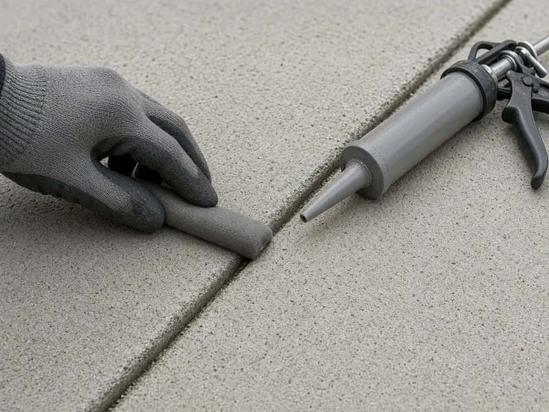 Gloved hand pressing foam backer rod into an expansion joint between slabs, with a caulk gun of gray sealant beside it