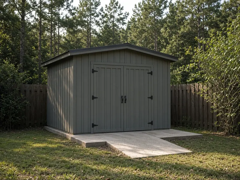 Small board-and-batten backyard workshop with double doors on a concrete slab with a short ramp, in a fenced yard with pines