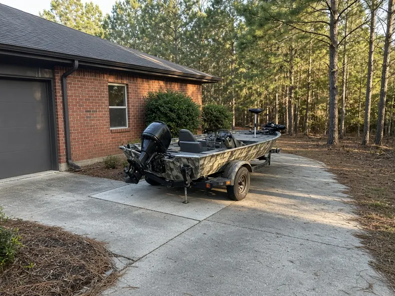 Fishing boat on a trailer parked on a concrete side pad beside the garage of a red brick house, with pines behind