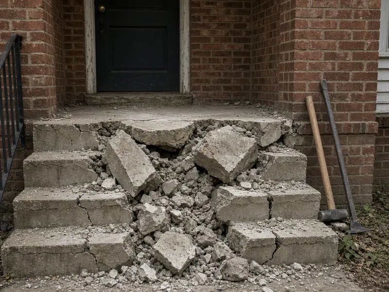 Old concrete front stoop and steps broken into chunks below a brick home's door, with a sledgehammer and pry bar against the wall