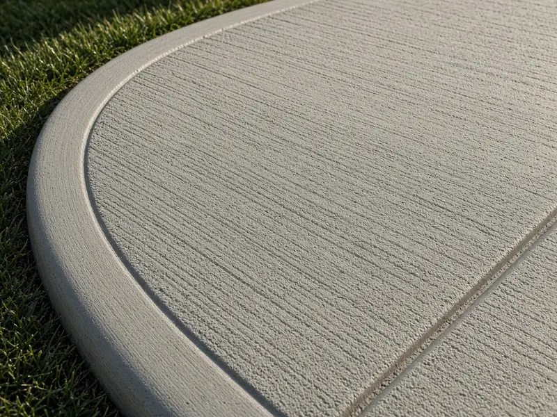 Close-up of a broom-finish concrete patio surface with a smooth tooled edge and control joint beside the lawn