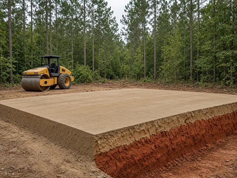 Compacted building pad of select fill on a wooded lot, its cut edge showing sandy soil over red clay, with a roller compactor parked beside it