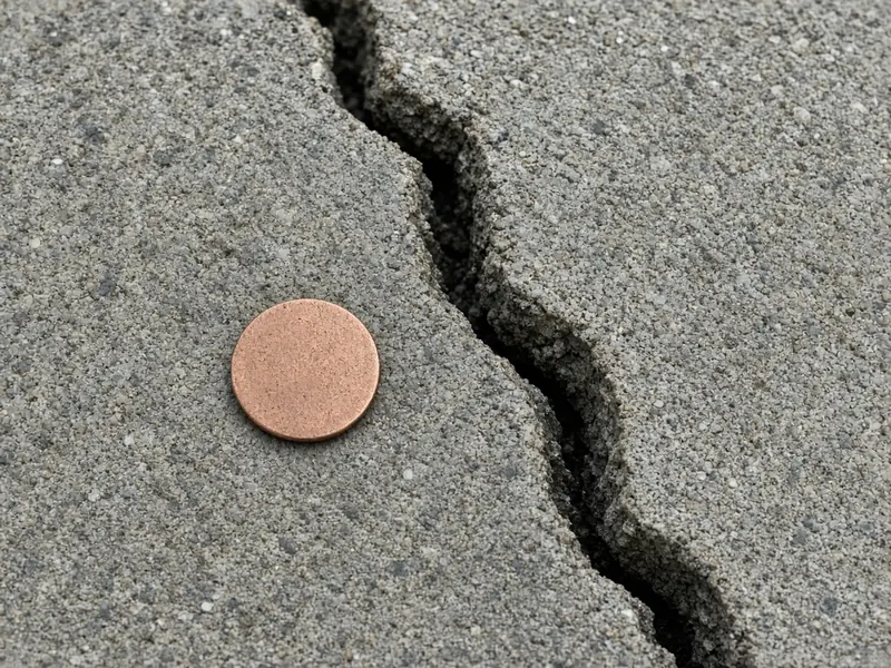 Coin set beside a crack wider than the coin's thickness, with one side of the slab sitting a little higher