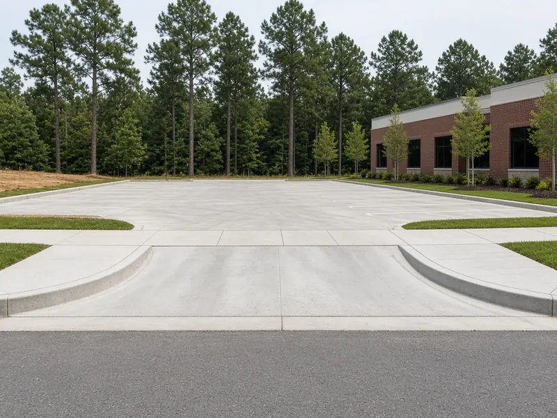 Wide commercial concrete driveway entrance with curved curb returns and a level sidewalk crossing, leading into a parking lot by a brick building