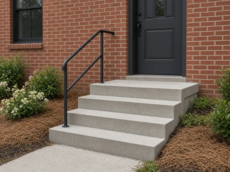 New concrete stoop with even steps, a landing and a black metal handrail at the door of a red brick house