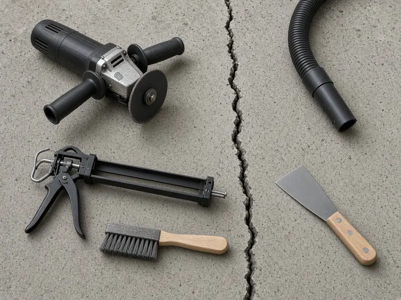 Grinder, shop-vac hose, caulk gun, wire brush and putty knife laid beside a crack in a concrete slab