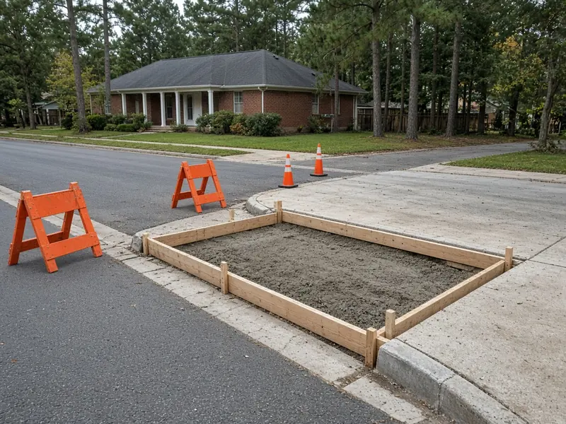 Section of street curb removed and formed for a new driveway approach, with orange barricades and cones in the gutter and a brick house across the street