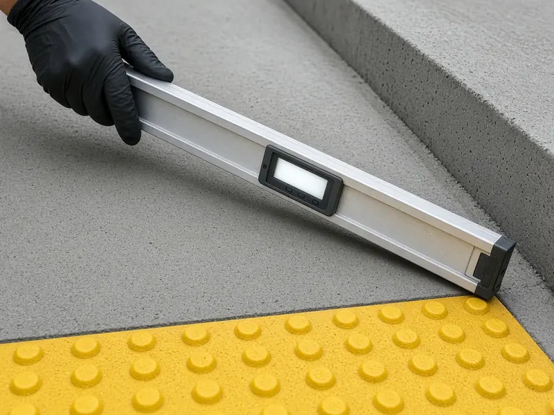 Gloved hand laying a digital level along the slope of a new concrete curb ramp above a yellow truncated dome panel