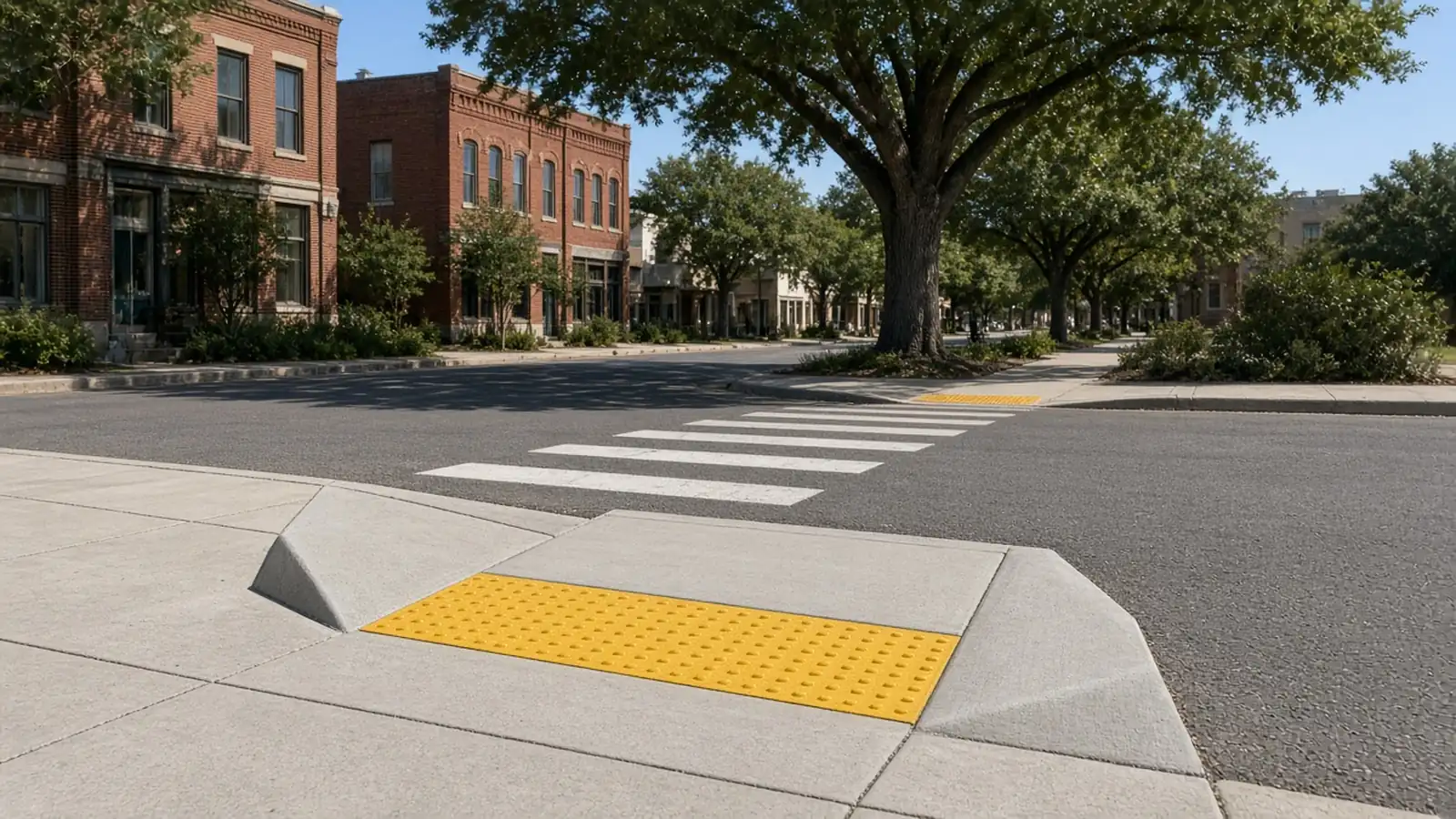 New concrete curb ramp with flared sides and a yellow truncated dome panel at a downtown crosswalk lined with brick buildings and a large oak
