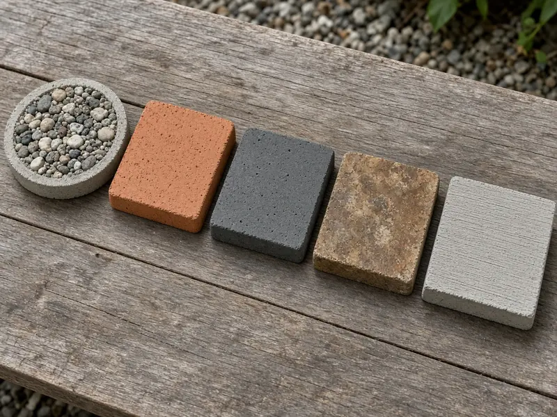 Row of concrete finish samples on a weathered table: exposed aggregate, terracotta color, charcoal color, acid stain and broom finish