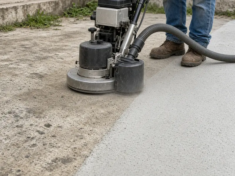 Walk-behind diamond grinder with a vacuum hose grinding an old slab, a clean ground strip beside the worn surface