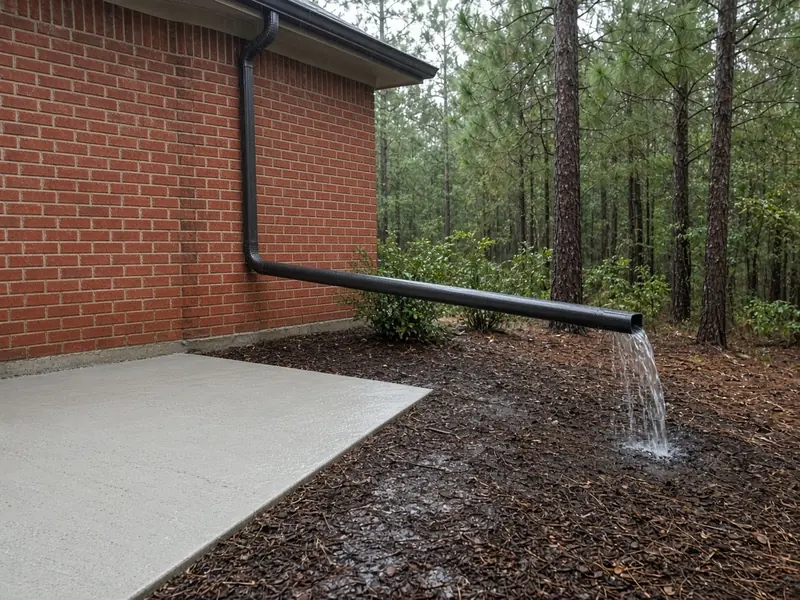 Downspout extension carrying rainwater across the mulch and away from a new concrete patio at the corner of a red brick house