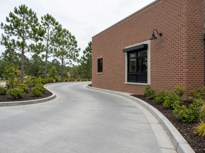 Concrete drive-through lane with raised curbs curving along a brick building past a pickup window and landscaped beds