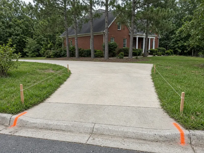 Driveway approach at the street with orange paint marks on the curb and staked string lines showing a wider planned approach