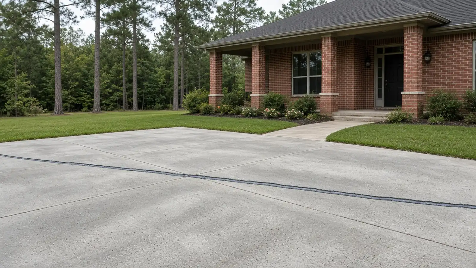 Concrete driveway with a long crack filled with gray sealant in front of a red brick ranch house among pines