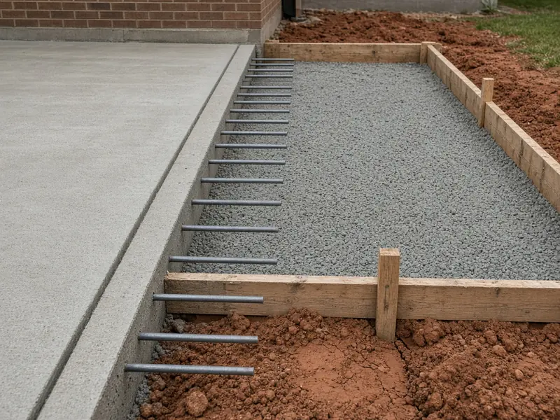 Steel dowels drilled into the edge of an existing driveway beside wood forms and a gravel base for a new side pad, with red clay around it
