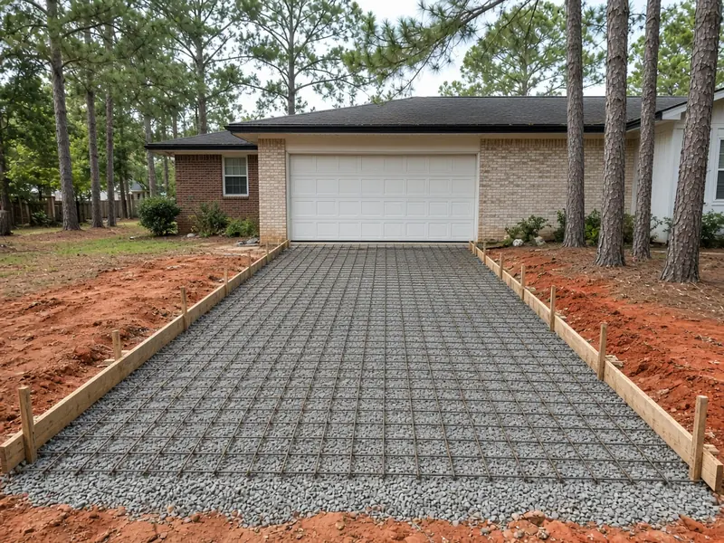 Driveway ready to pour: staked wood forms and a rebar grid over a crushed-stone base, with red clay at the edges and a garage behind