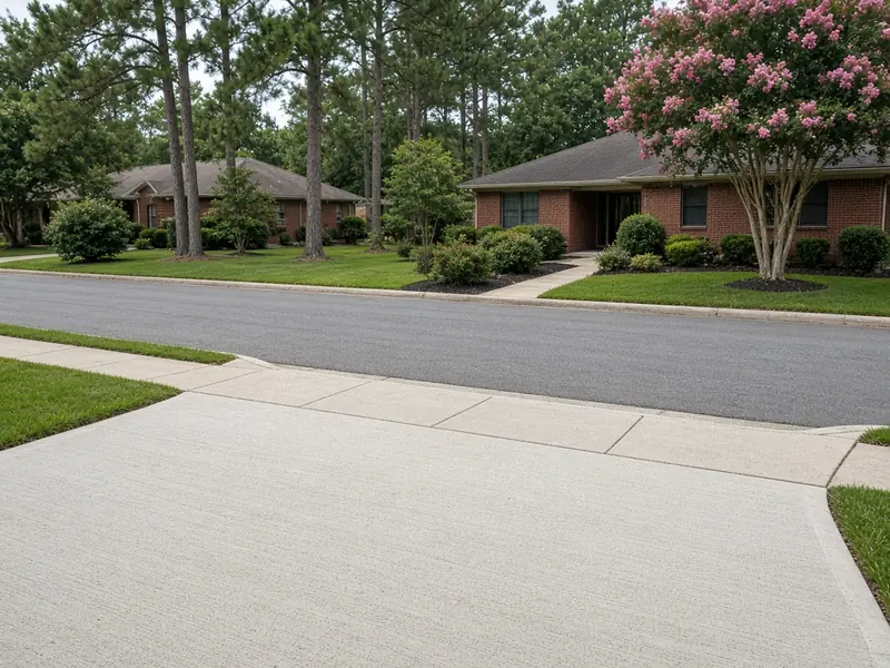 Broom-finish concrete driveway meeting the public sidewalk and a residential street lined with brick ranch homes, pines and a blooming crape myrtle