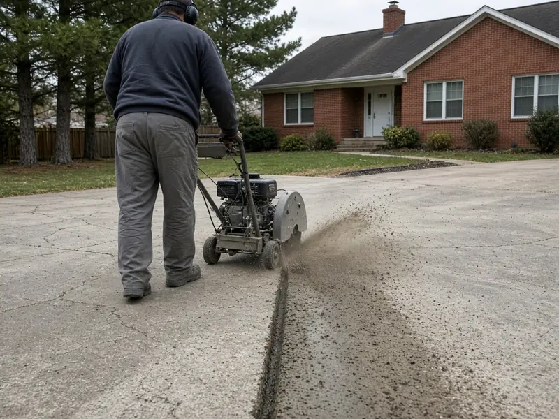 Worker seen from behind running a walk-behind concrete saw along a straight cut in an old cracked driveway in front of a brick house