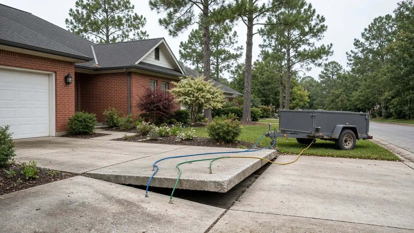 Sunken driveway panel being lifted with injection hoses run from a work trailer at the curb, in front of a red brick home under pines