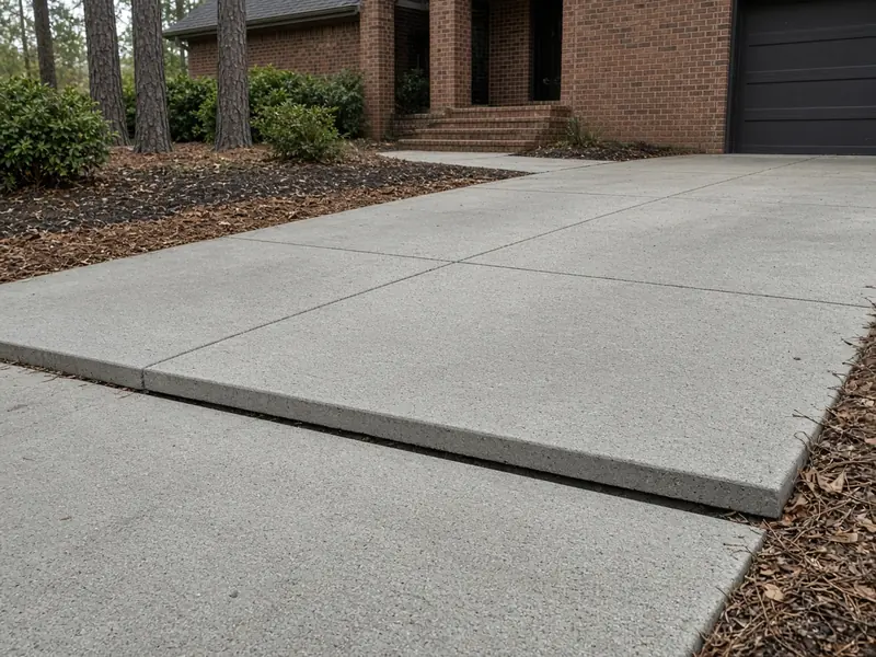 Concrete driveway panel that sank in one unbroken piece, leaving a step at the joint, in front of a brick home with pines