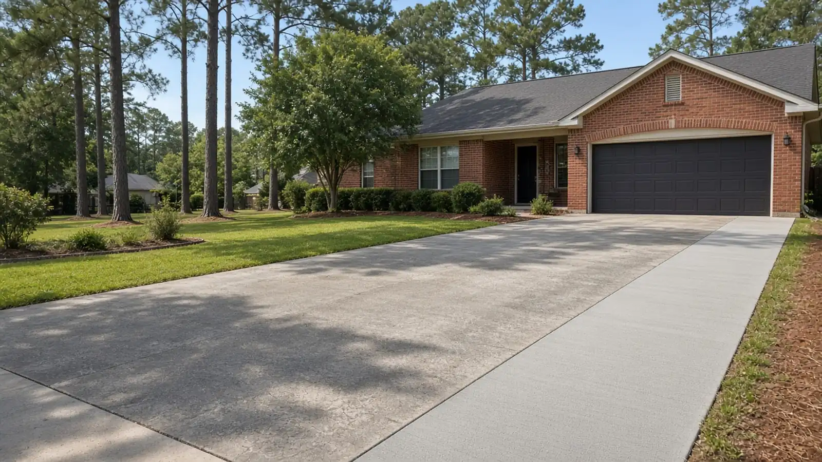 Driveway widened with a new light gray concrete strip beside the older slab in front of a red brick ranch house under tall pines