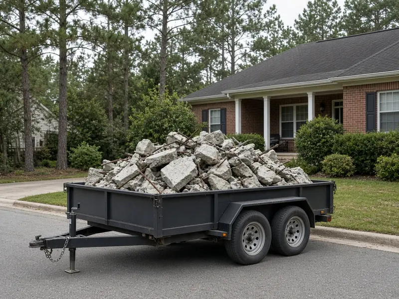 Dump trailer heaped with broken concrete and bent rebar at the curb in front of a brick house under pines