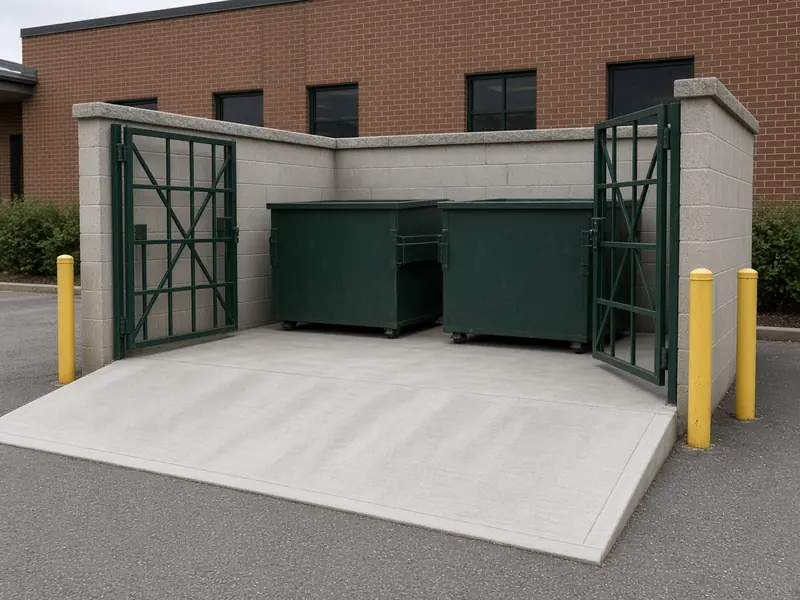 Concrete dumpster pad and approach apron in a masonry enclosure with open green steel gates and yellow bollards behind a brick commercial building