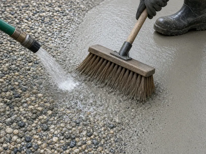 Hose and push broom washing the cement paste off fresh concrete to reveal the pebbles, half the slab exposed and half still smooth