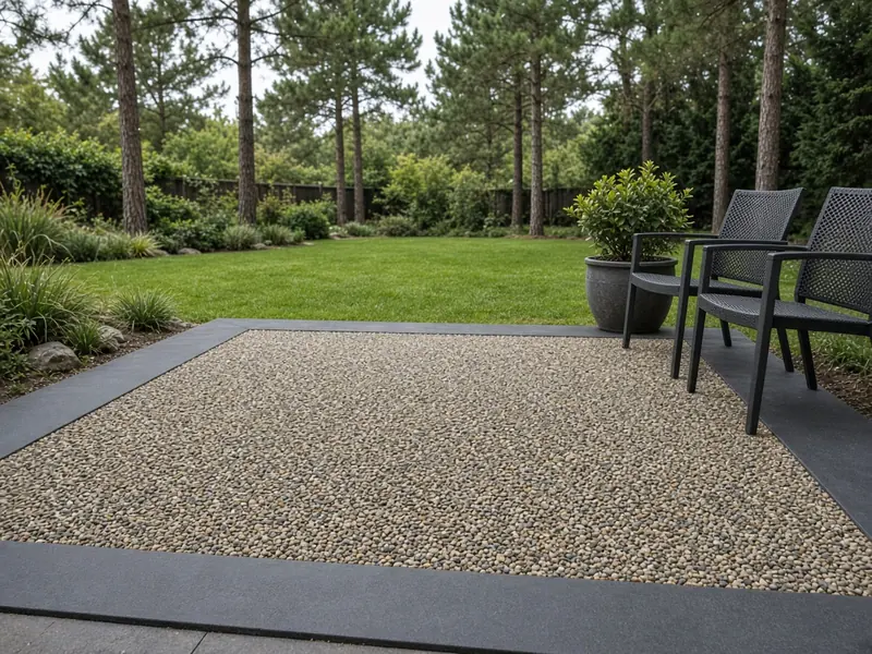 Exposed aggregate patio framed by a smooth charcoal concrete border band, with two chairs and a planter beside a lawn and pines