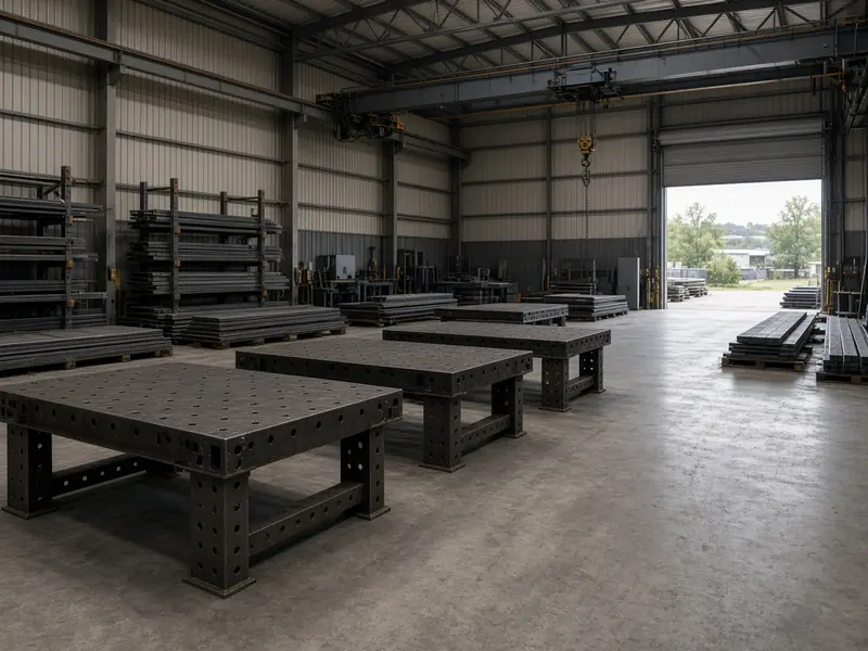 Metal fabrication shop with welding tables, steel stock and an overhead crane on a heavy concrete floor, the bay door open to daylight