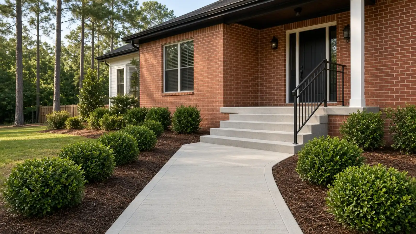 New broom-finish concrete front walk leading to wide concrete porch steps with a black metal railing at a red brick home with boxwoods