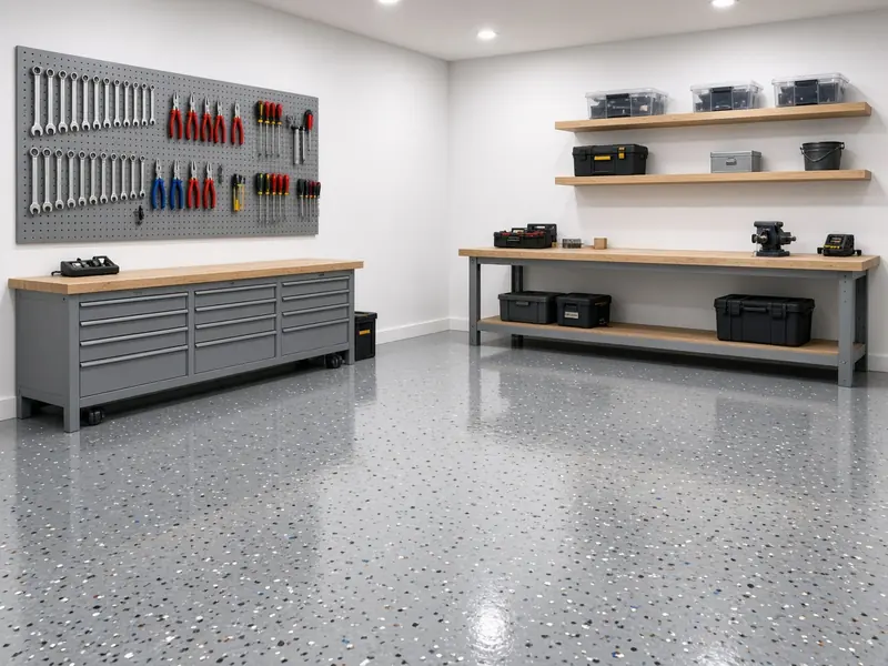 Garage floor finished with a glossy gray epoxy flake coating below a pegboard of hand tools and a workbench