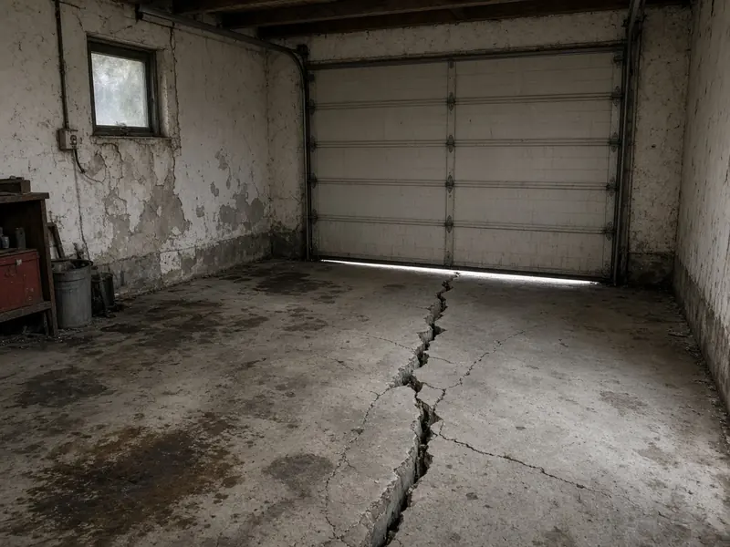 Old garage floor with a wide offset crack and a sunken slab leaving daylight under the closed overhead door
