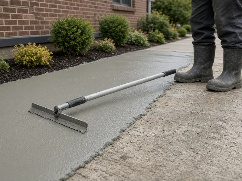 Fresh cement overlay spread with a gauge rake over half of an old front sidewalk beside a brick house