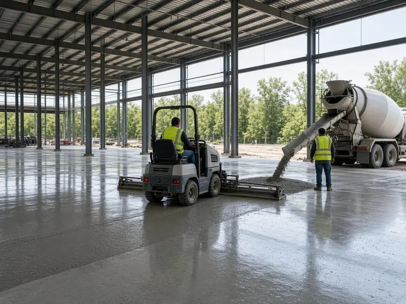 Concrete floor pour inside a new steel-frame industrial building, with a ride-on laser screed leveling the slab beside an unmarked mixer truck
