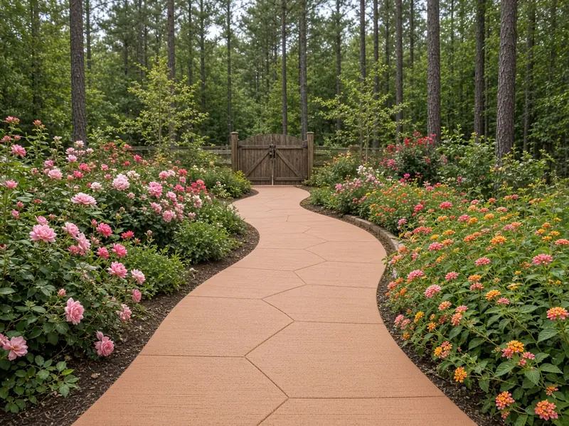 Curving terracotta-colored concrete walkway with tooled joints winding between roses and lantana to a wooden garden gate under pines