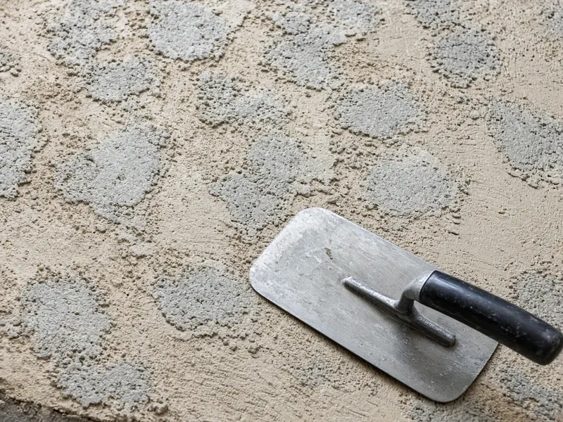 Close-up of a tan and gray knockdown texture overlay with a trowel resting on it