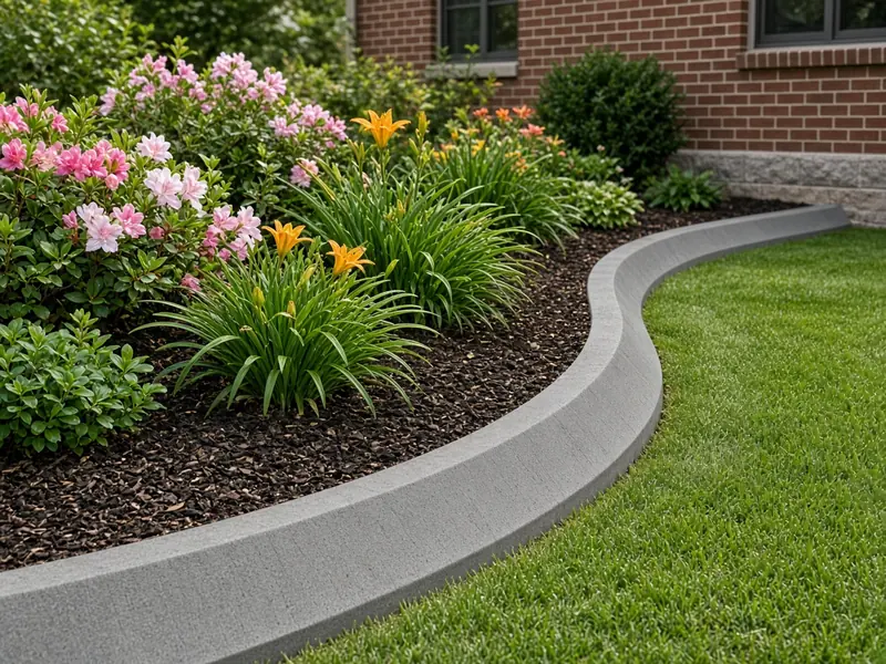 Continuous gray concrete landscape curbing curving around a mulched bed of azaleas and daylilies beside a mowed lawn and a brick house