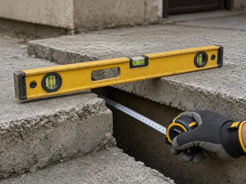 Yellow level laid across a sunken concrete step and landing, with a tape measure checking the gap underneath