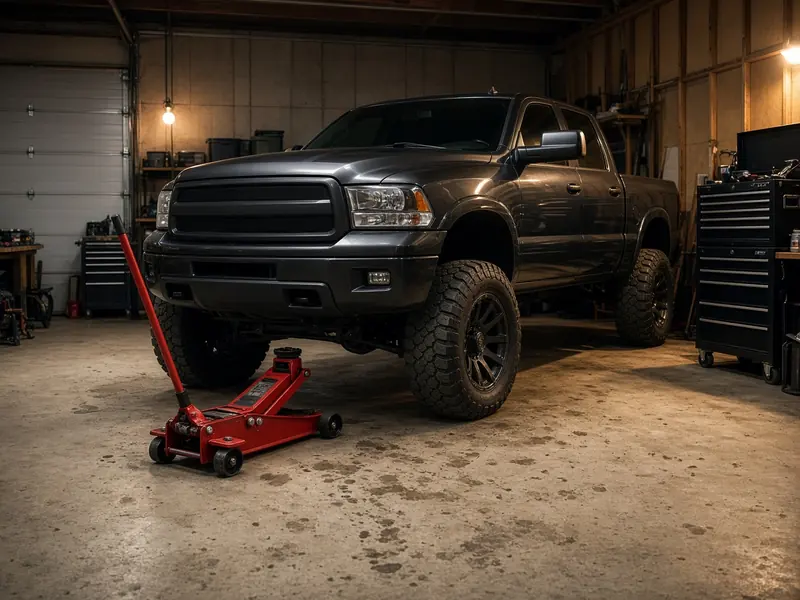 Lifted pickup truck parked on a concrete garage shop floor beside a red floor jack and a rolling tool chest
