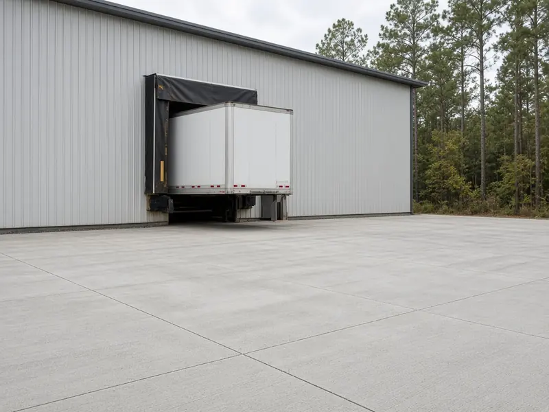 New concrete loading apron with saw-cut joints at the dock of a metal warehouse, with an unmarked trailer backed to the door and pines beside