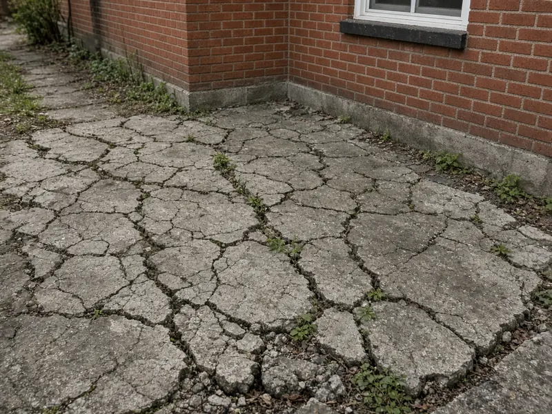Old slab beside a brick house broken by a web of connected cracks, with weeds growing in the gaps
