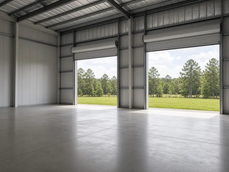 Finished concrete floor with saw-cut joints inside a new metal shop building, two roll-up doors open to pasture and pines