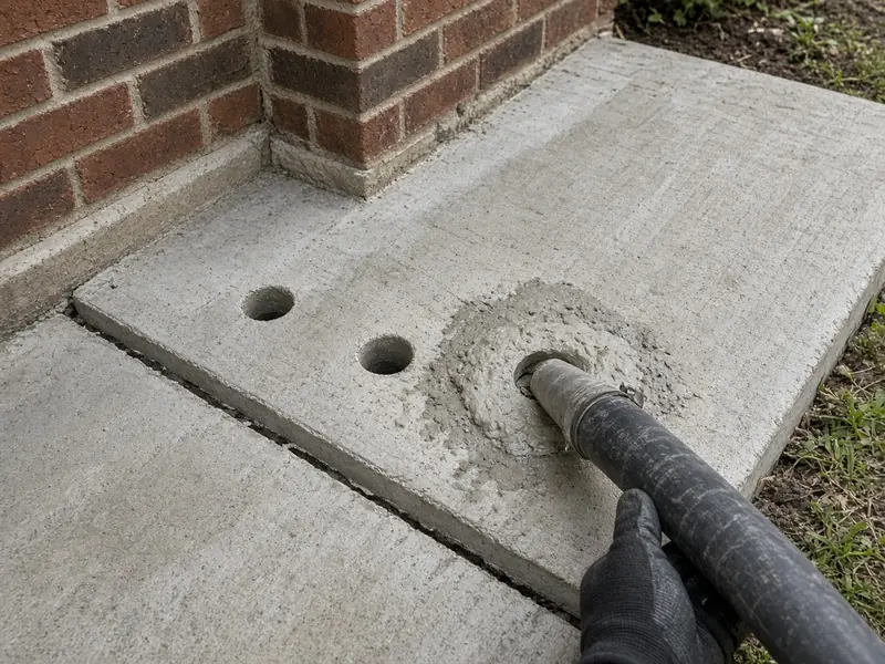 Grout hose pressed into one of three drilled holes in a sunken concrete walk beside a brick wall during mudjacking