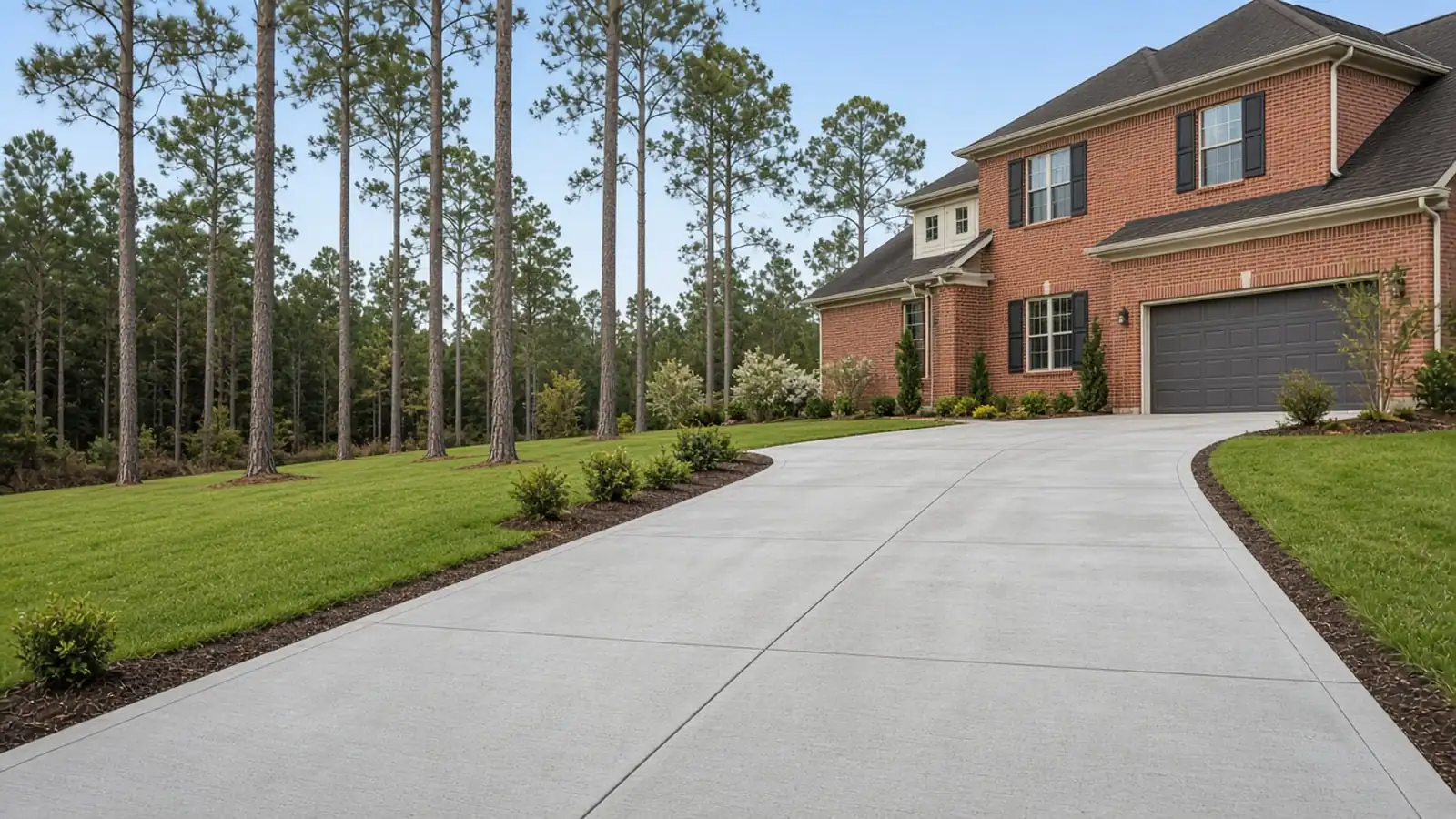 Long new broom-finish concrete driveway with saw-cut joints curving to the garage of a two-story red brick home under tall pines