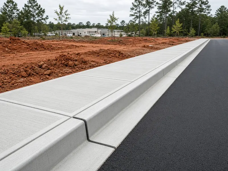 Long run of new concrete curb and gutter beside fresh asphalt, with a new commercial sidewalk behind it and red clay not yet sodded