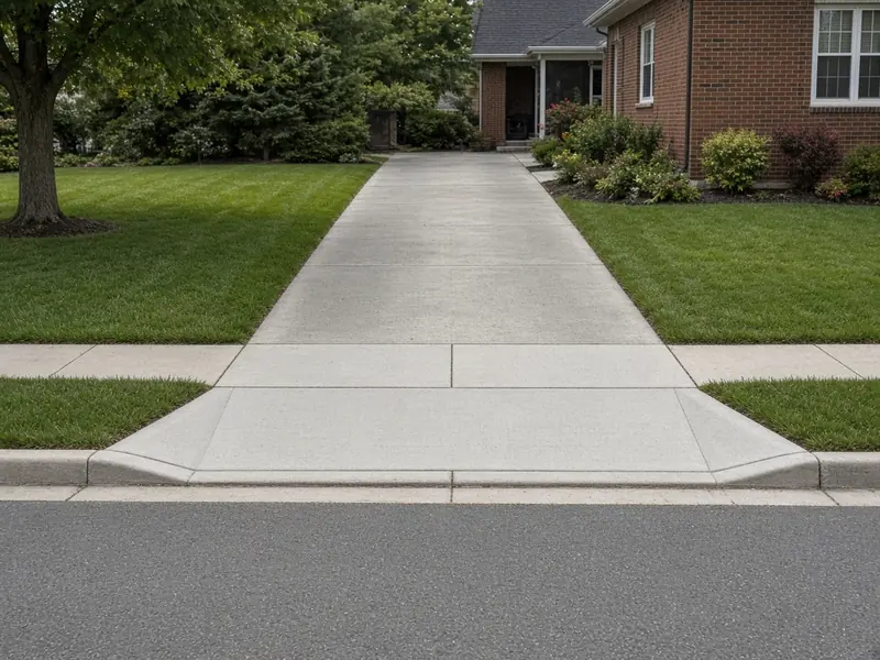 New concrete driveway approach with flared curb returns at the gutter, crossing the public sidewalk to a driveway and a brick home